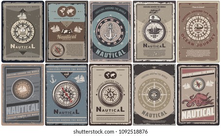 Vintage colored nautical brochures set with text different navigational compasses anchors ships map captain hat octopus isolated vector illustration