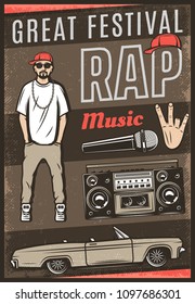 Vintage colored rap music festival poster with inscription rapper car cabriolet boombox microphone hand gesture vector illustration