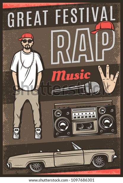 Vintage colored rap music festival poster\
with inscription rapper car cabriolet boombox microphone hand\
gesture vector\
illustration