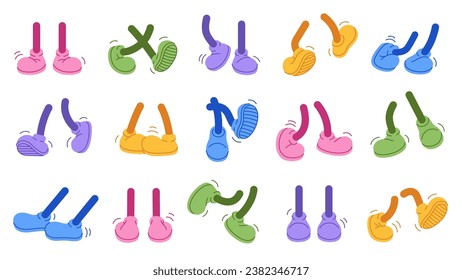 Vintage colored retro feet and boot vector collection. Comic retro feet in different poses, leg standing, walking, running, jumping. Isolated footwears set.