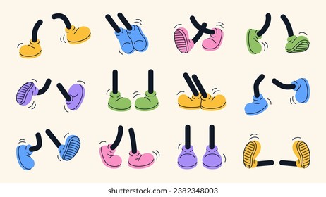 Vintage colored retro feet and boot vector collection. Comic retro feet in different poses, leg standing, walking, running, jumping. Isolated footwears set.