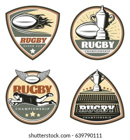 Vintage colored rugby emblems set with balls cup stadium and scoring jumping running players isolated vector illustration