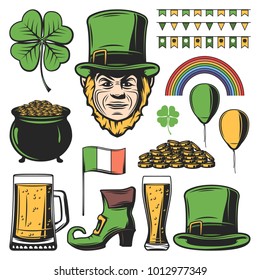 Vintage colored Saint Patricks Day set with leprechaun pot of coins clover ireland flag balloons rainbow hat beer isolated vector illustration