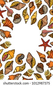 Vintage colored seafood frame vector illustration. Hand drawn Seashell with ink. Engraved style image