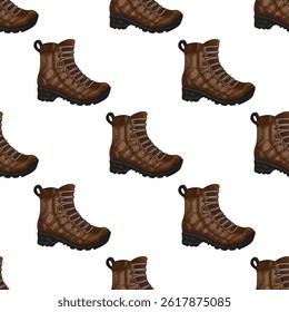 Vintage colored seamless pattern featuring detailed hiking boots drawn in classic hand sketched style. Perfect for outdoor gear branding, camping product packaging, travel apparel