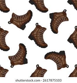 Vintage colored seamless pattern featuring detailed hiking boots drawn in classic hand sketched style. Perfect for outdoor gear branding, camping product packaging, travel apparel