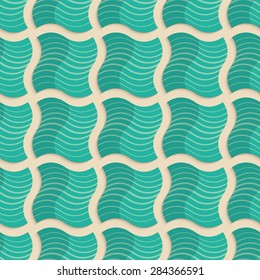 Vintage colored simple seamless pattern. Background with paper fold and 3d realistic shadow.Retro fold light green striped wavy squares.