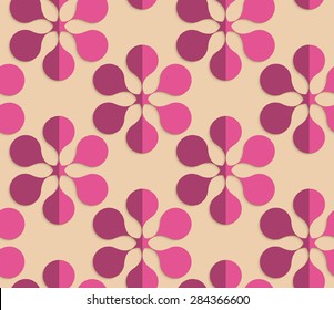 Vintage colored simple seamless pattern. Background with paper fold and 3d realistic shadow.Retro fold purple six pedal flowers.