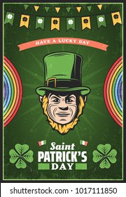 Vintage colored St Patricks Day poster with inscription leprechaun face rainbow garland clover vector illustration