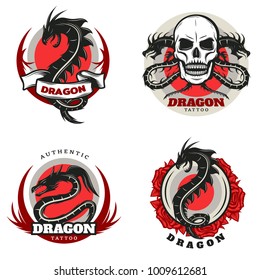 Vintage colored tattoo dragon emblems set with angry mythological monsters skull and roses isolated vector illustration