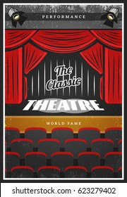 Vintage colored theatre advertising poster with calligraphic inscription stage red curtains and seats vector illustration