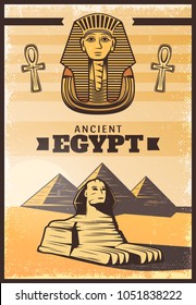 Vintage colored travel Egypt poster with pharaoh mask ankh sphinx on pyramids landscape vector illustration