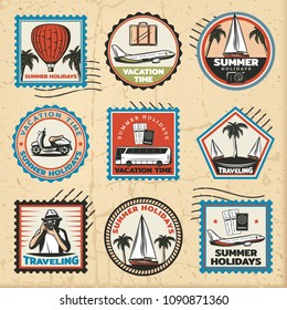 Vintage colored traveling marks set with transport and summer vacation elements on light background isolated vector illustration