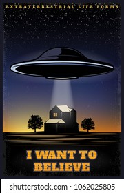 Vintage colored UFO Template with extraterrestrial spaceship abducting human from house vector illustration