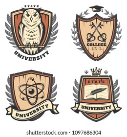 Vintage colored university emblems set with owl crossed keys atom model feather book on shields isolated vector illustration