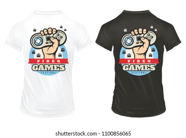 Vintage colored video game prints template with inscriptions and hand holding joystick on shirts isolated vector illustration