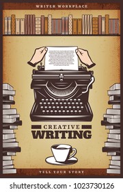 Vintage colored writer poster with hands insert paper in typewriter coffee cup books and bookshelf vector illustration