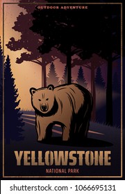 Vintage colored Yellowstone national park poster with inscription and bear on forest landscape vector illustration