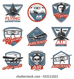 Vintage colorful aircraft logos with airplanes, pilot head, skull and propellers. Isolated vector illustration