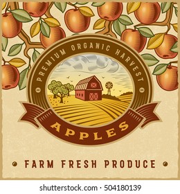 Vintage colorful apple harvest label. Editable vector illustration in retro woodcut style with clipping mask.
