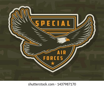 Vintage colorful army patch with flying eagle on military weapons background isolated vector illustration