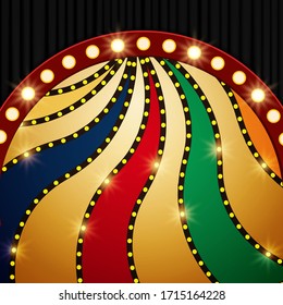 Vintage colorful background with black curtain. Design for presentation, concert, show. Vector illustration
