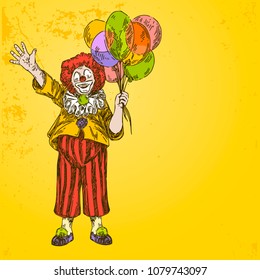 Vintage colorful background. Circus clown with balloons greeting and waving hand. Engraving style. Vector illustration.
