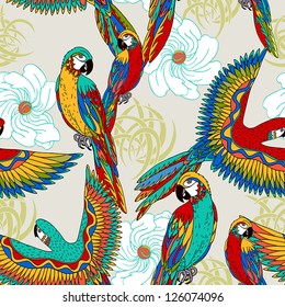 Vintage, colorful background with parrots, theme and exotic beach holiday, fashion seamless pattern, vector wallpaper, graphic birds fabric for design