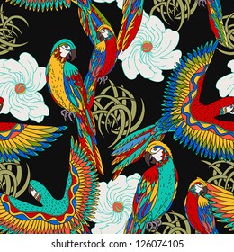Vintage, colorful background with parrots, theme and exotic beach holiday, fashion seamless pattern, vector wallpaper, graphic birds fabric for design