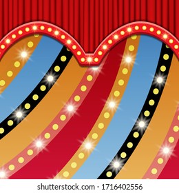 Vintage colorful background with red curtain. Design for presentation, concert, show. Vector illustration