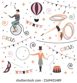 vintage colorful banner for circus show with performers characters. gymnast girl on the rope, juggler on the bike, trainer with whip. garlands, decorations, balloon and letters. 