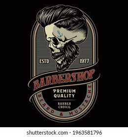 Vintage colorful barbershop label with letterings bearded and mustached hipster skull with trendy hairstyle and anchor tattoo isolated vector illustration