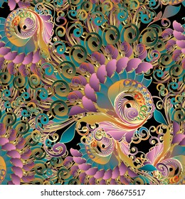 Vintage colorful baroque seamless pattern. Vector multicolor floral damask background. Intricate swirls, flowers, leaves, curves, shapes. Vintage bright ornaments. Modern wallpaper. Surface texture.