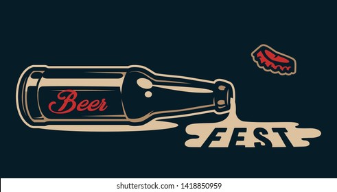 Vintage colorful beer fest print with beer flowing from bottle on dark background isolated vector illustration