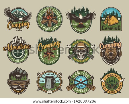 Vintage colorful camping emblems with eagle angry bear head skull in safari hat tent boat paddles arrows cup campfire compass marshmallows on wood sticks isolated vector illustration