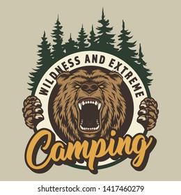 Vintage colorful camping round print with ferocious bear head and forest isolated vector illustration