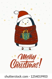 Vintage colorful cartoon illustration with penguin in sweatshirt and hat, gift and lettering Merry Christmas sign on light background with snowflakes.