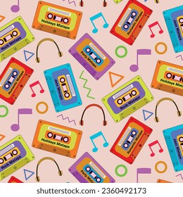 Las cintas de cassette de color vintage no tienen problemas con los auriculares, las notas musicales y las formas abstractas Memphis. Para afiches y antecedentes de los años 90 y 80 