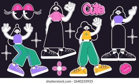 Vintage colorful character element. Retro sticker pack. Cartoon isolated vector illustration.	