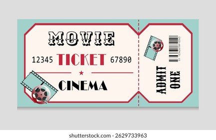 Vintage Colorful Cinema Ticket with a film reel, barcode, and ADMIT ONE text. Features retro fonts and numbering. Ideal for movie events, film festivals, or theater promotions. Vector illustration