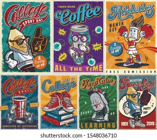 Vintage colorful college posters collection with sneakers books stylish pencil baseball fan tired schoolbag yawning coffee cup cheerleader brush drunk paper cup vector illustration