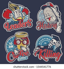 Vintage colorful college prints set with tired school backpack yawning coffee cup cheerleader brush skeleton in graduation cap and mantle characters isolated vector illustration