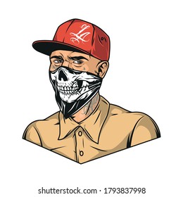 Vintage colorful concept of man with tattoos wearing baseball cap shirt and scary bandana with skull image isolated vector illustration