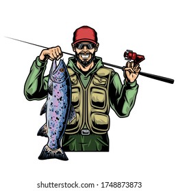 Vintage colorful concept of smiling fisher with caught big rainbow trout and fishing rod isolated vector illustration