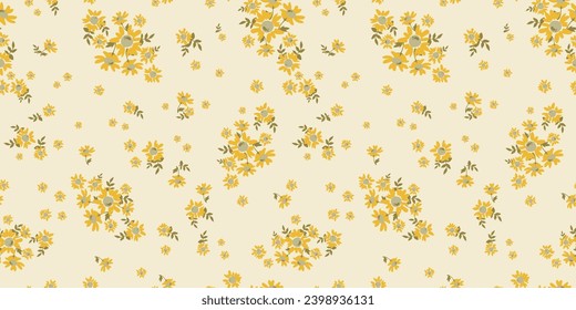 Vintage colorful cute seamless ditsy wild flowers blossom pattern - All over floral retro daisy with leaves print for fabric wallpaper or wrapping paper