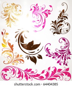 Vintage colorful design elements set for retro design. With leafs and flowers.