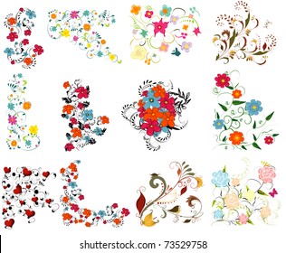 Vintage colorful design elements set . With leafs and flowers.