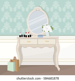 Vintage colorful dressing table with mirror and cosmetics. Flat style vector illustration.