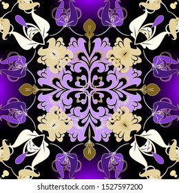 Vintage colorful elegance floral vector seamless pattern. Bright colorful glowing background. Repeat decorative beautiful backdrop. Ornate ethnic style violet flowers, leaves, shapes. Endless texture.