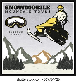 Vintage colorful extreme active leisure poster with snowmobile jumping on winter landscape vector illustration